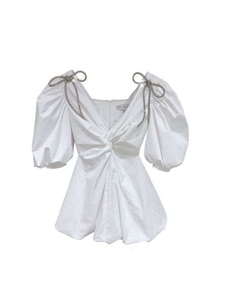 

2021 beautiful new diamond complete gather waist hugging white pumpkin lantern sleeves with v dress feminine cleavage qj7f, Black;gray