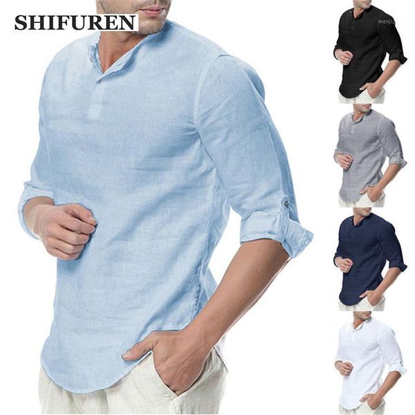 

shifuren 2020 new mens summer breathable cotton linen shirts soft loose male causal 3/4 sleeve blouse hombre size -xxxl1, White;black