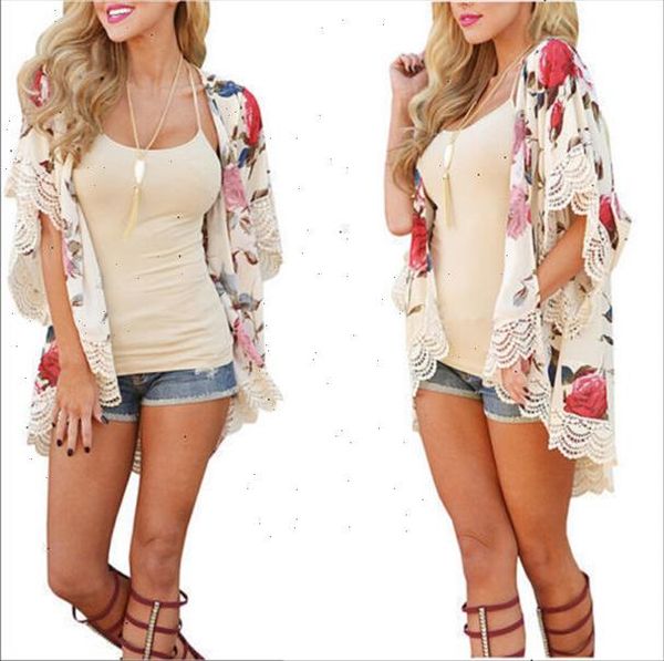 

summer new women floral loose shawl kimono cardigan boho chiffon lace patchwork short sleeve loose blouse, White