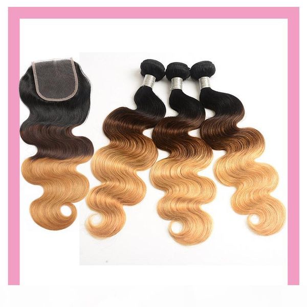 

peruvian human hiar 1b 4 27 ombre hair bundles with 4x4 lace closure with baby hair body wave 1b 4 27 hair products 10-28inch, Black;brown