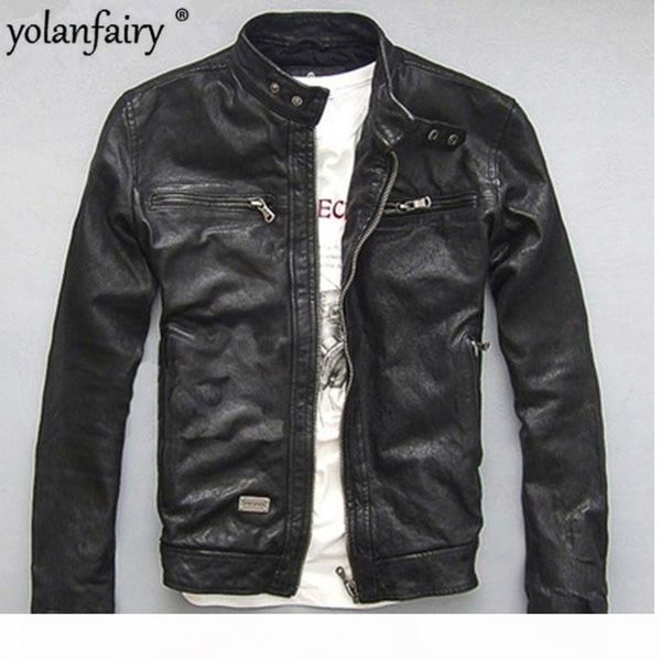 

yolanfairy spring autumn men's genuine leather jacket short slim motocycle jackets for men outerwear jaqueta de couro, Black