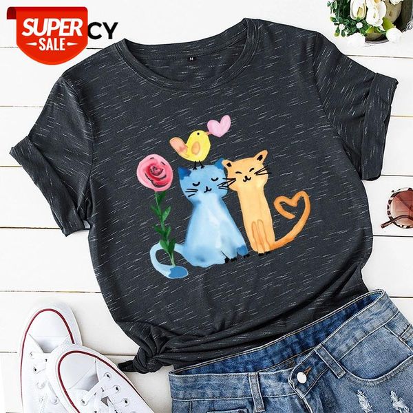 

jfuncy 100% cotton women's tshirt oil painting happy cats printed shirts summer plus size short sleeve woman tees dropship #tm7o, White