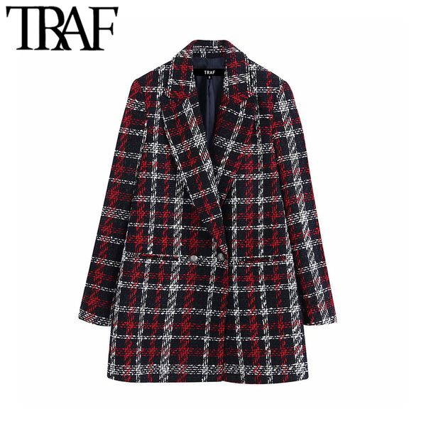 

traf women office lady plaid double breasted tweed blazer coat vintage fashion long sleeve pockets ladies outerwear chic 201114, White;black
