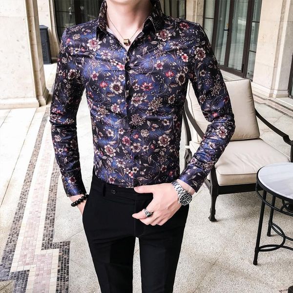 

floral shirt men slim fit long sleeve casual male shirts digital print night club prom tuxedo shirt blouse homme1, White;black