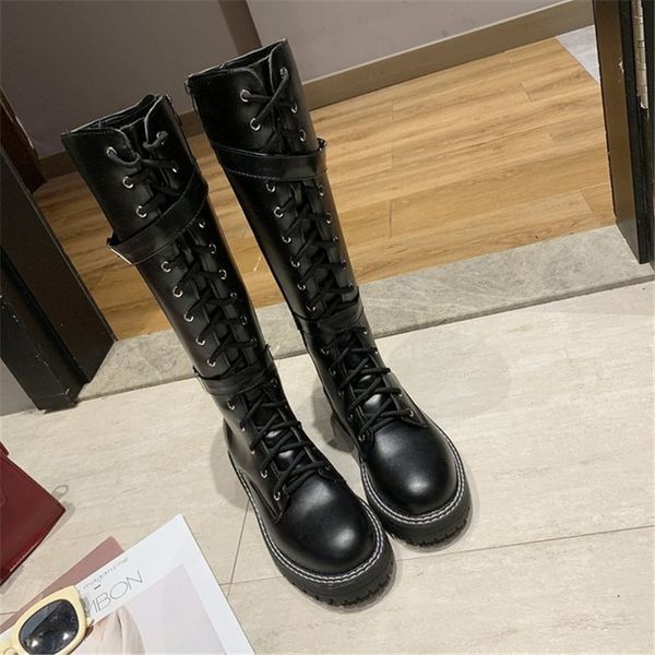 

2021 new women winter leather knee high fashion ride buckled rent up military combat long 35-42 boots nr96, Black
