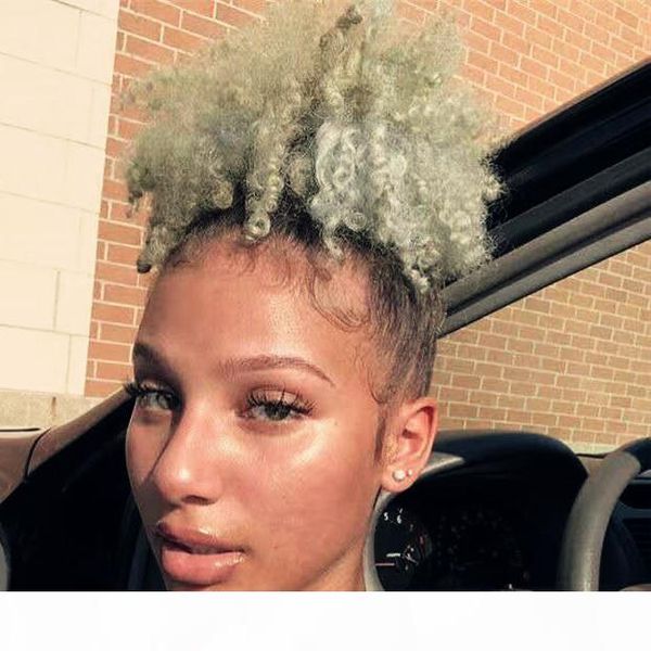 

natural silver grey human hair short afro puff ponytail african american wrap black gray mix ponytail with drawstring and clips comb