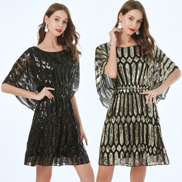 

Women vintage A-line Geometric Short Sleeve Round Neck Beading Fanshion Elegant Club Cocktail Party Cocktail Dress, Black