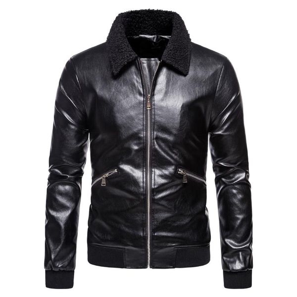 

men's leather jacket thick warm fur lining large men's lapel jacket motorcycle leather windbreaker, Black