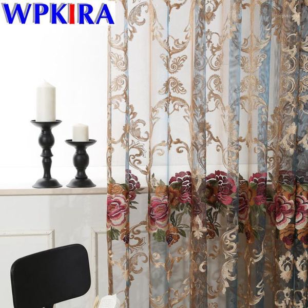 

blue embroidery curtain white floral tulle rose lace fashion window curtains for living room decoration curtain salon wp0065-301