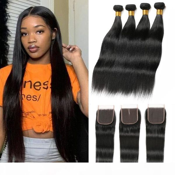 

30inch peruvian straight hair 4 bundles human hair with lace closure double weft weave bundles with closure pre pluck, Black;brown