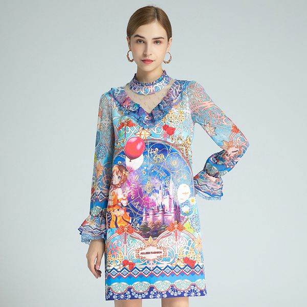 

plus size dress 2020 autumn a line long sleeve dress prom fashion crew neck flora print brand same style yimi, Black