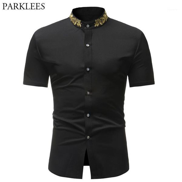 

mens hipster embroidery shirt 2020 summer new mandarin collar short sleeve shirt men casual business dress shirts chemise homme1, White;black