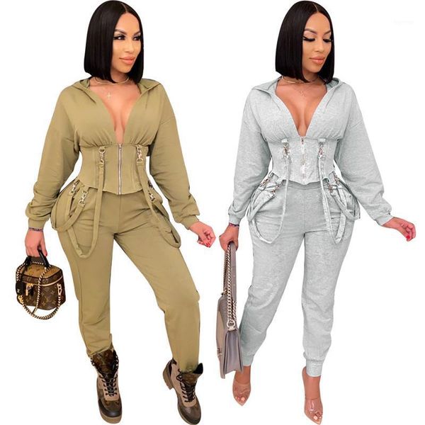 

simple pure color deep v neck long sleeve crop and pants 2 pieces set casual lady fashion tracksuits1, Gray