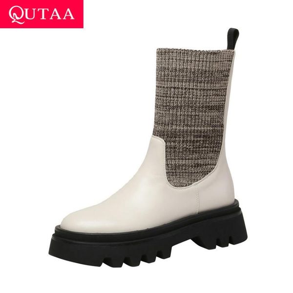 

boots qutaa 2021 ankle women square heel slip on shoes autumn winter anti-skid cow leather knitting short size 34-40, Black