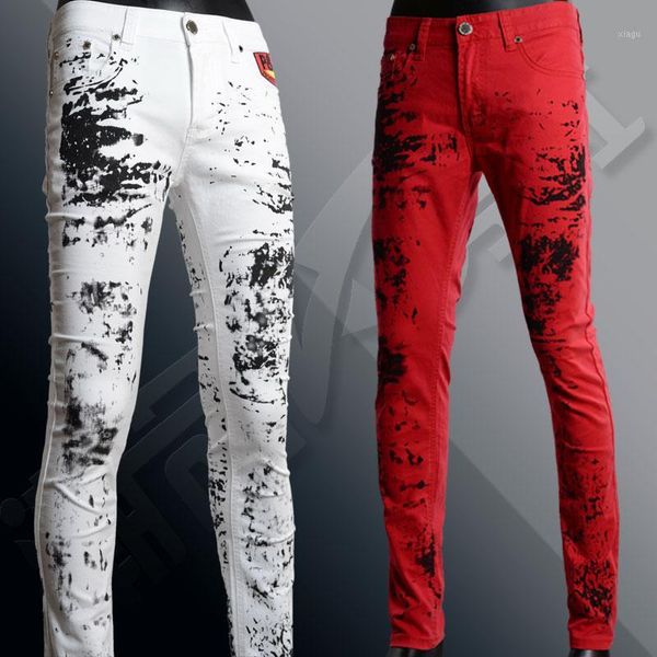 

splash-ink print red jeans men trend of the white slim trousers personality non-mainstream flower pants / 28-361, Blue
