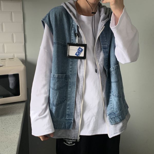 

2021 new jaqueta masculina outono e inverno novo falso de duas peas denim mangas colete jovens moda masculinas v2jl, Black;brown