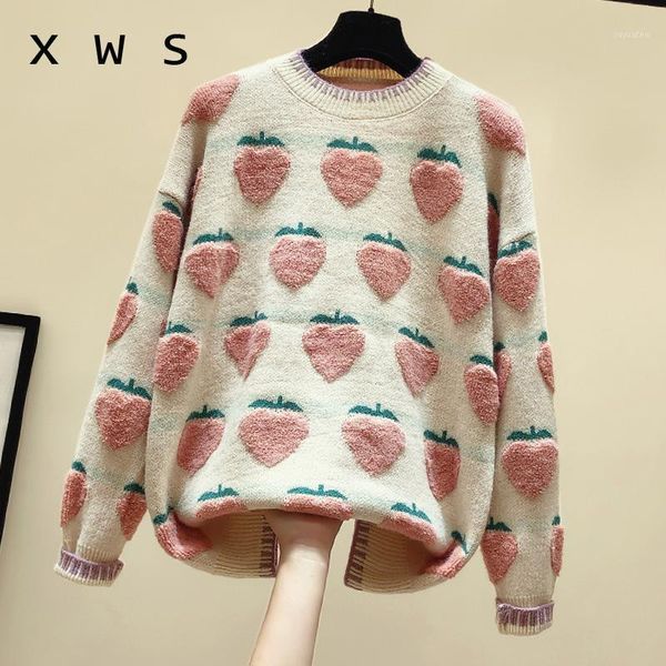

autumn winter thick strawberry kint sweater 2020 fashion print long sleeve o neck kint oversized jumper pullover female sweaters1, White;black