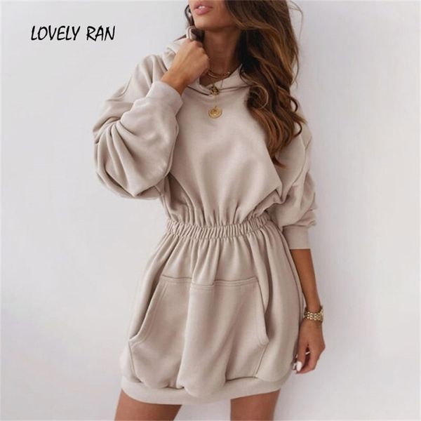 

women's hoodie dress female sweatshirts dress warm hoodies fleece elastic waist hooded long sleeve new ladies sweatshirtt 201212, Black