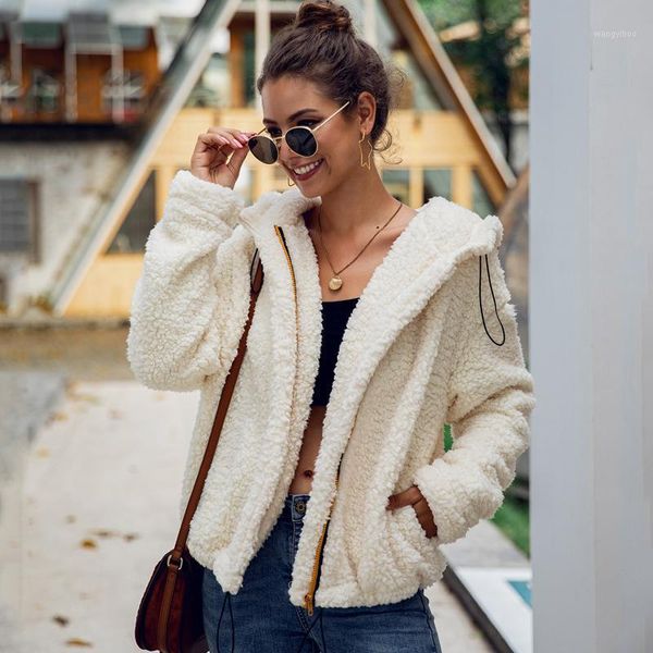 

women faux fur short coat winter 2020 new causal soft hooded pocket zipper fleece plush coat warm fluffy female jacket plus size1, Black;brown