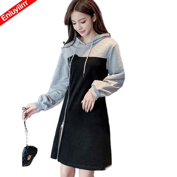 

casual dresses women winter side zipper split warm velvet inside hooded sweatshirts hoodies dress, Black;gray