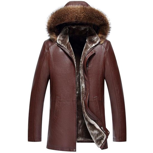 

men's jackets long men thickening in middle-aged raccoon fur collar leather coat, Black;brown