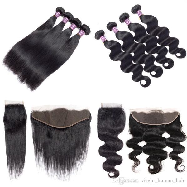 

10a brazilian virgin straight human hair weave 4 bundles with frontal unprocessed brazilian body wave bundles with closure hair extensions, Black