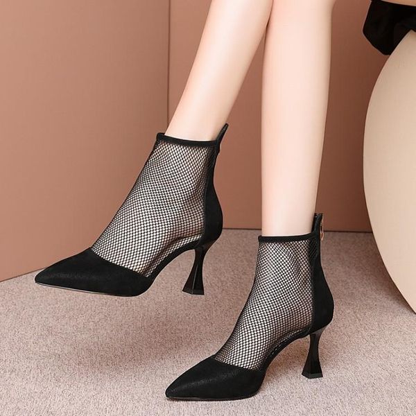 

boots mljuese 2021 women ankle sheepskin +net pointed toe zippers summer cut-outs high heels party dress, Black