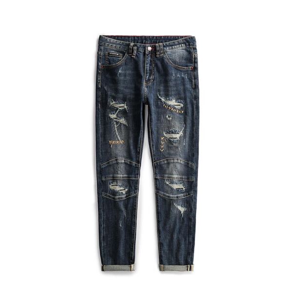 

men's designer jeans kanye west hole sticker embroidery old long blue jeans fashion pants motorcycle pants men
