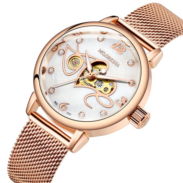 Mode Luxusuhr Frauen Liebe Muster Automatische mechanische Uhren Voll Edelstahl Rose Gold Mesh Gürtel Damen Armbanduhr 201118