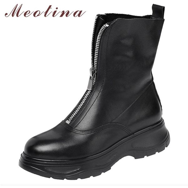 

boots meotina autumn ankle women natural genuine leather flat platform short zipper round toe shoes lady size 34-42, Black