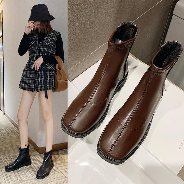 

women's boots autumn shoes low heels booties boots-women winter footwear leather booties round toe luxury designer, Black