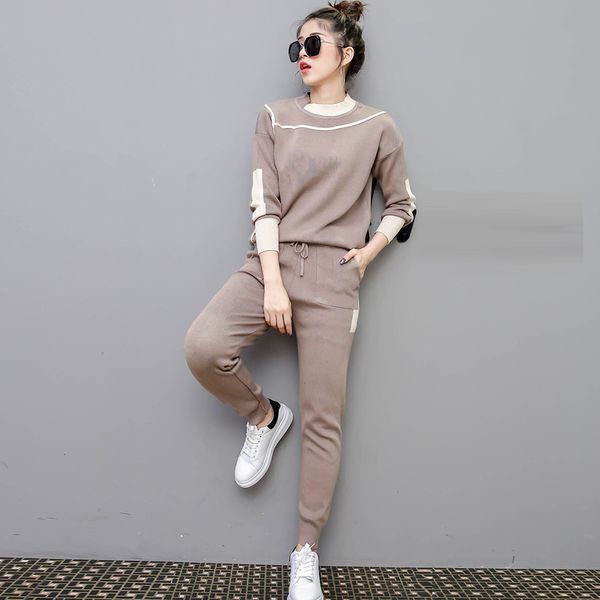 

2021 new merchall woman sweater suits knit casual tracksuits crewneck pullovers+drawstrings elastic pants two piece sets female outfits a1qv, Black;gray