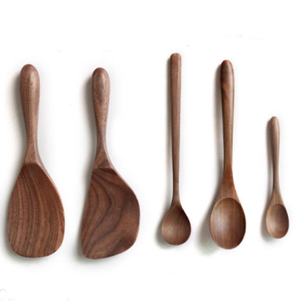 

japanese style black walnut wooden dessert spoon tableware coffee honey spoons stir long scoop soup rice spoon kitchen supplies h wmtjfe