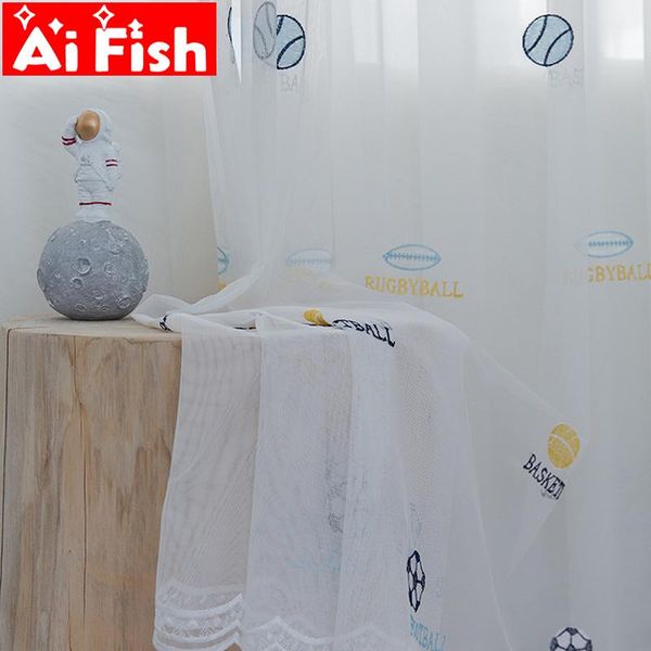 

curtain & drapes football embroidered children's bedroom curtains tulle boys sheer for living room white voile wp422-5
