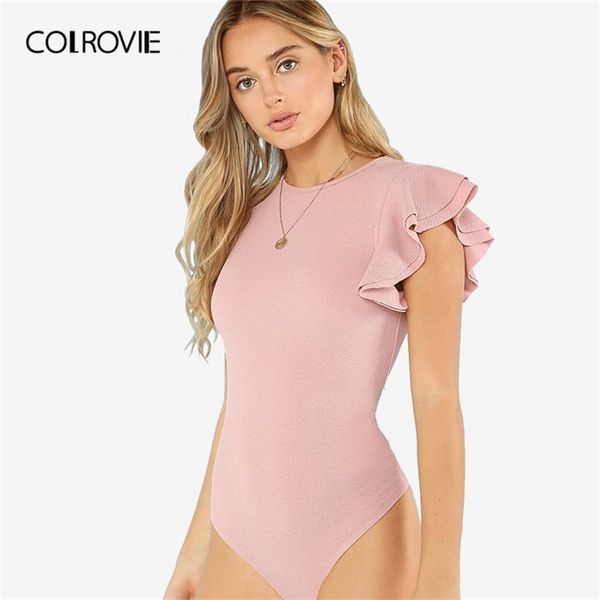 

colrovie pink solid layered ruffle textured elegant bodysuit women summer casual short sleeve skinny ladies party bodysuits lj200814, Black;white