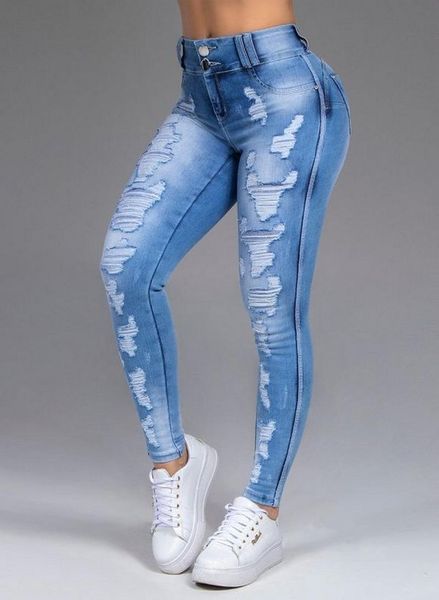 

skinny jeans woman high waisted ripped strech pants korean-style fashion streetwear distressed slim blue denim trousers