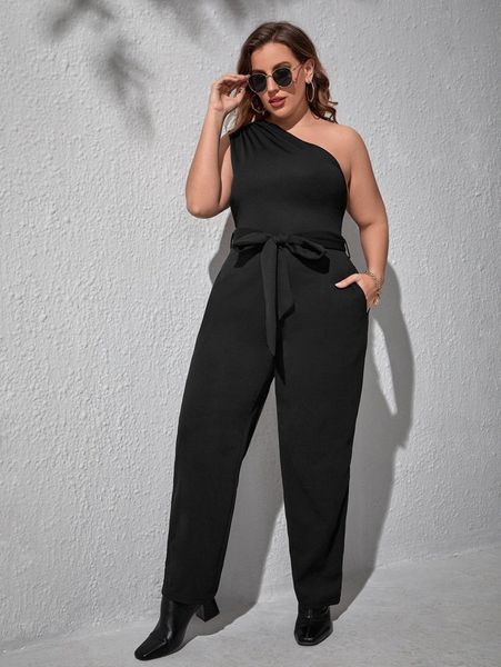 

plus slant pockets one shoulder belted jumpsuit b7pt#, Black