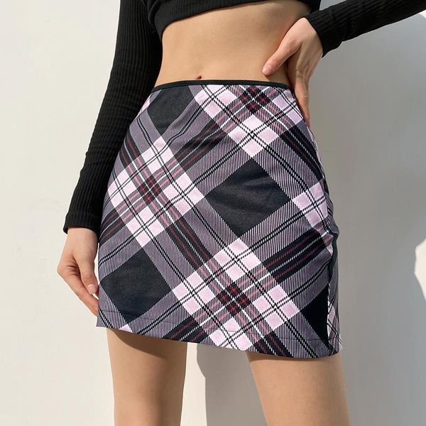 

vintage 90s pink stripe women skirt plaid pattern y2k aesthetic mini harajuku high waisted kawaii female short wrap, Black
