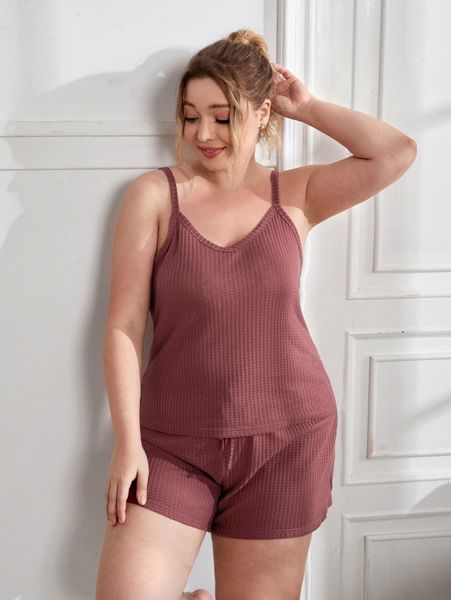 

plus waffle knit cami & shorts pj set e5kg#, Black;white