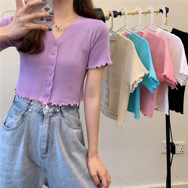 

2021 summer v neck short sleeve ruched single breasted sweater cardigan girls above navel length knitted cardigans female, White;black