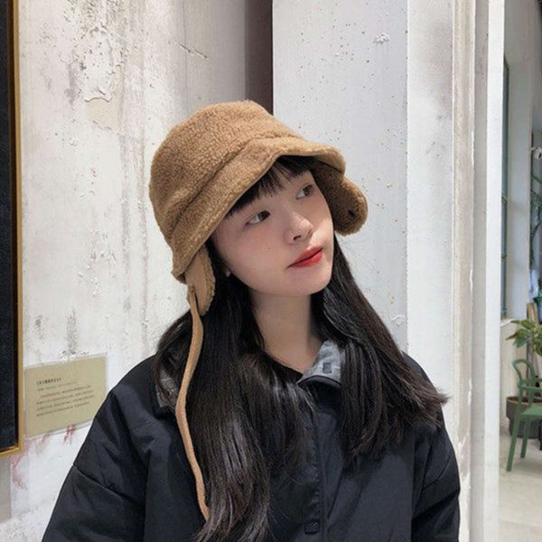 

new jmx winter / fisherman's lamb hair solid color lei feng ear protection warm hat women's style, Blue;gray
