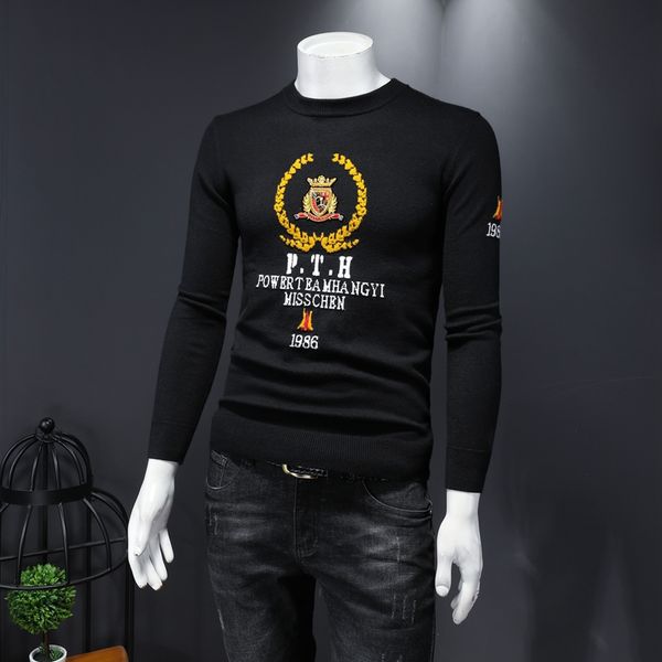 

mens thickened round neck korean personality trend fashion brand embroidery jacquard longsleeved wool knitted bottoming shirt, White;black