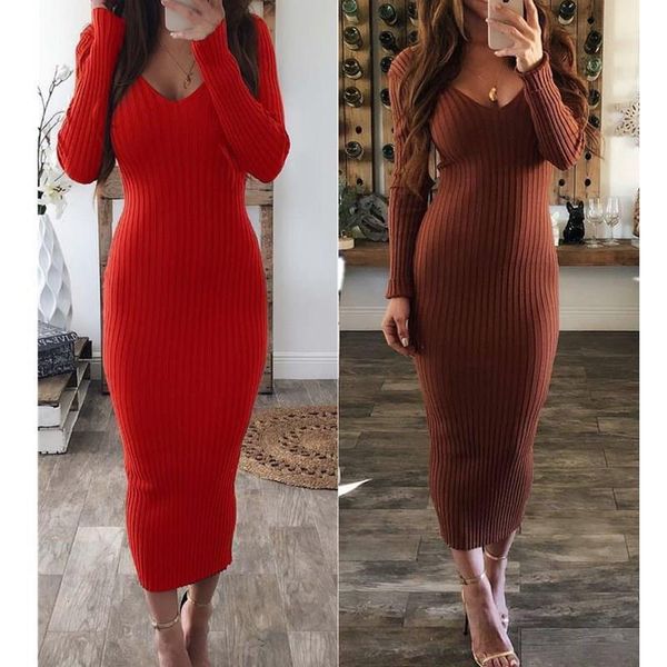 

winter v neck jersey sweater dress knitted bodycon maxi sweaters 2021 women elegant slim fashion long sweater dresse, White;black