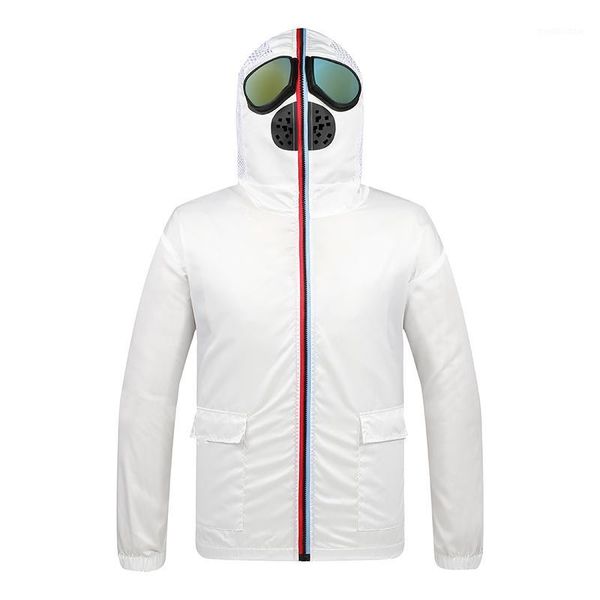 Frühlingsjacke Herren Windjacke Motorrad Kapuze mit Brille Maske Damen Jacken Reißverschluss dünn Sommer Plus Größe 3XL 4XL Weiß Schwarz1