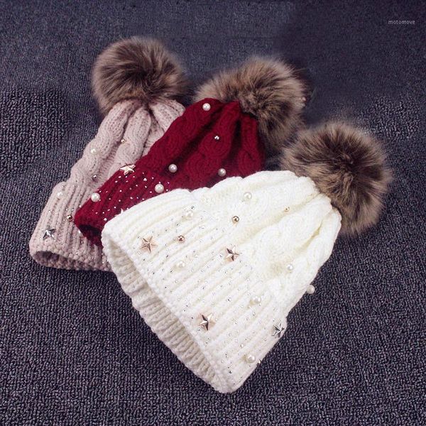 

2020 new winter wool knitted hat fashion pearl knitted hat girls female beanie cap pompom winter hats for women1, Blue;gray