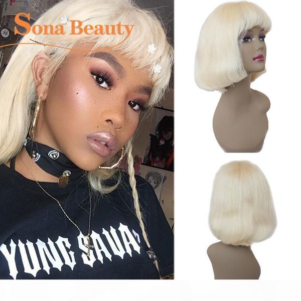 

13x4 blonde lace front human hair wig with bangs brazilian remy 613 short bob wig for black women, Black;brown