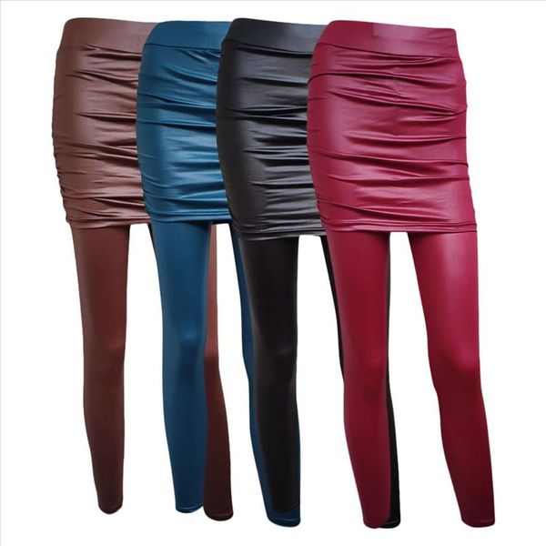 

plus size hip skirt pencil pants fake two piece pu stitching trousers winter velvet thicked women keep warm slim leggings g4, Black