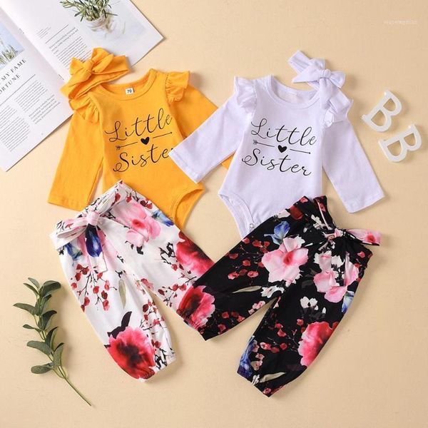 

clothing sets baby girls 0-2t cotton long sleeve little sister print romper + floral pants headband 3pcs outfits set1, White