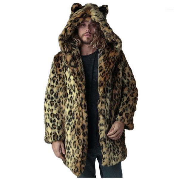 

men's fur & faux luxury winter men long coat leopard print mens warm thick hooded jacket outwear overcoat#g31, Black