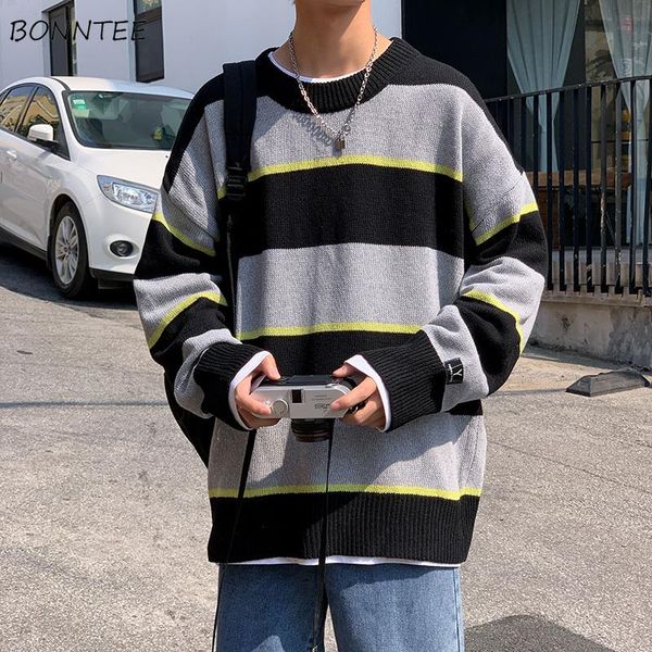 

men pullover striped panelled loose all-match knitted swearter male ins chic oversize harajuku streetwear young popular clothes, White;black